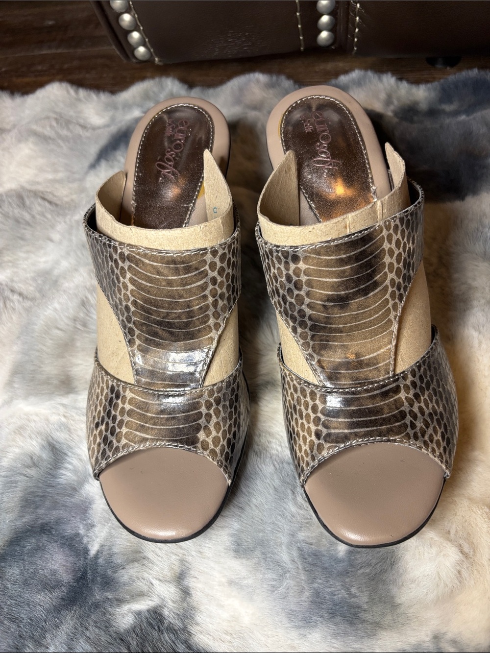 Seychelles Taupe Snake-Print and Cream Slide Mules